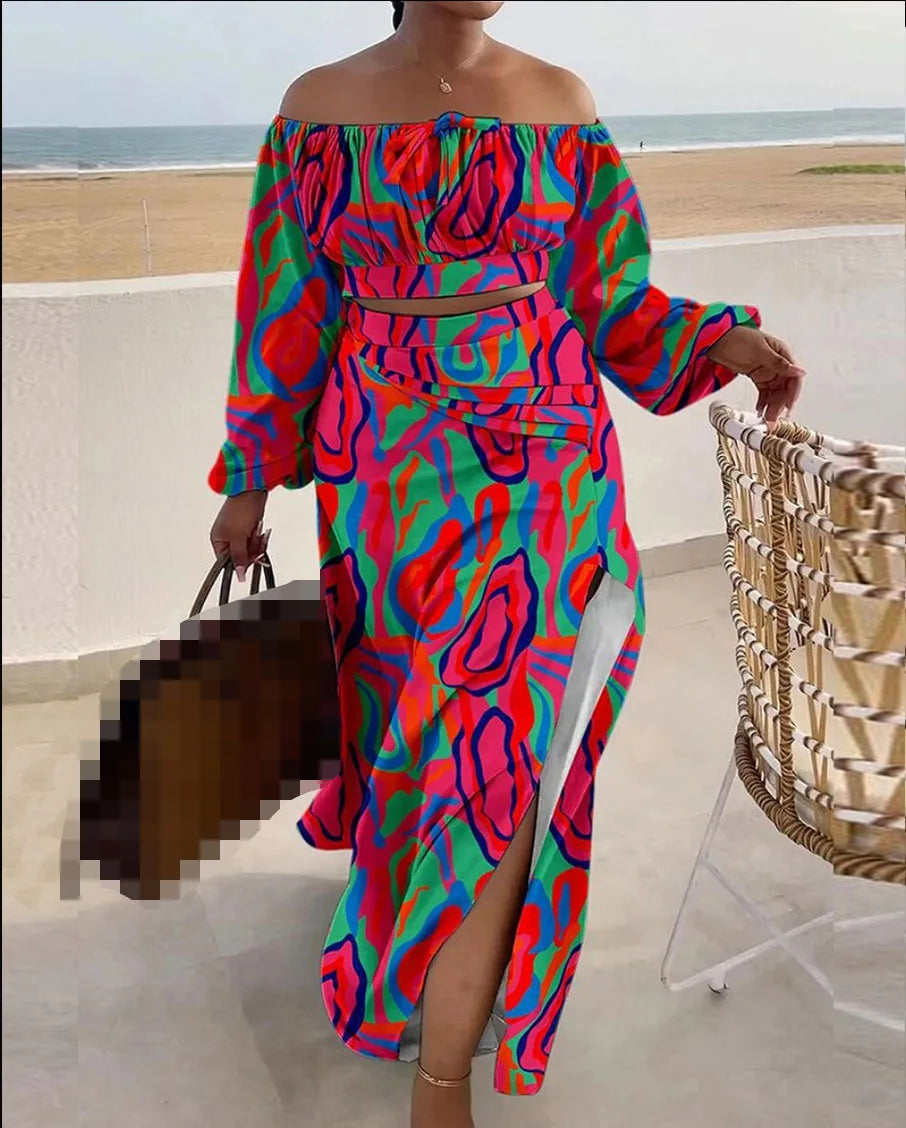 Casual Off Shoulder Sexy Slit Printed Loose Long Skirt Two Piece Set For Women Vacation Summer Outfit. S-3X