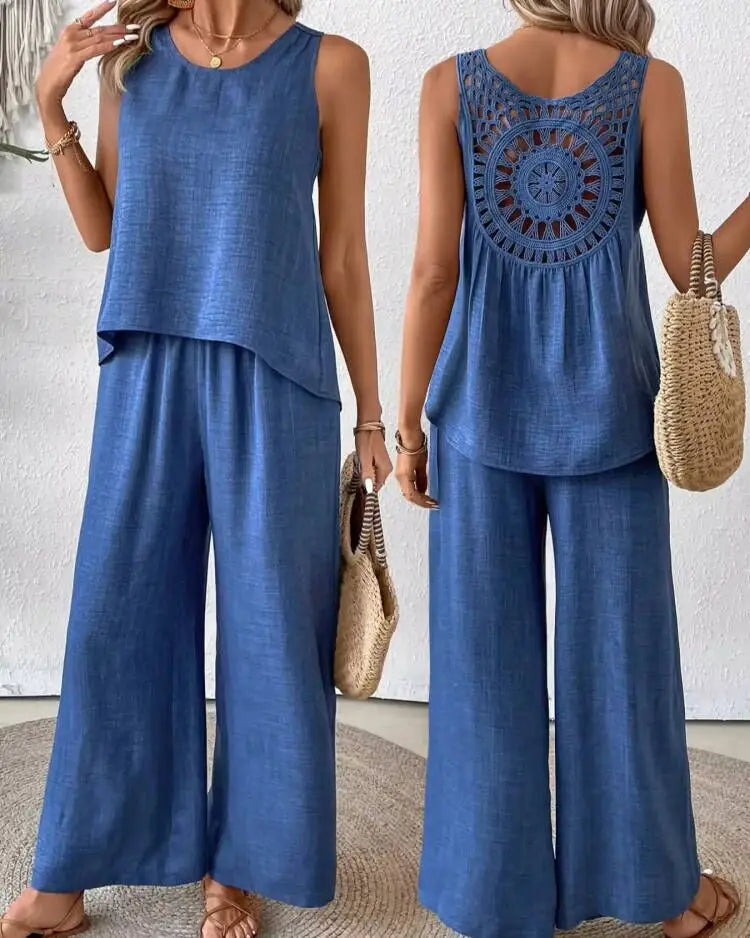 Ladies Simple Cotton Linen 2 Piece Suit Summer Fashion Sleeveless Loose Blouse Wide Leg Pants. S-2x