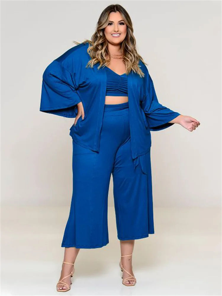 Plus Size 3 Piece Solid Matching Versatile Suit.