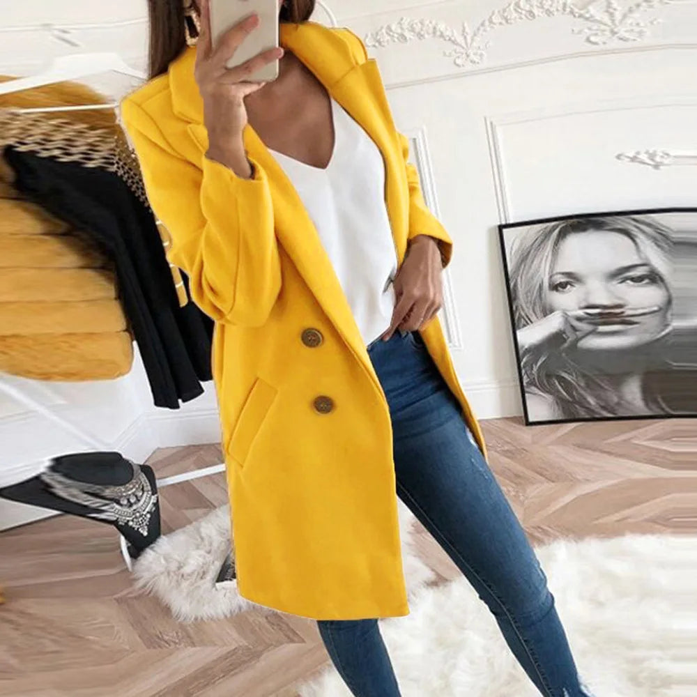 Thermal Solid Woolen Coat Women Turn-down Collar Mid-Length Plus Size Double-breasted Thick Coat