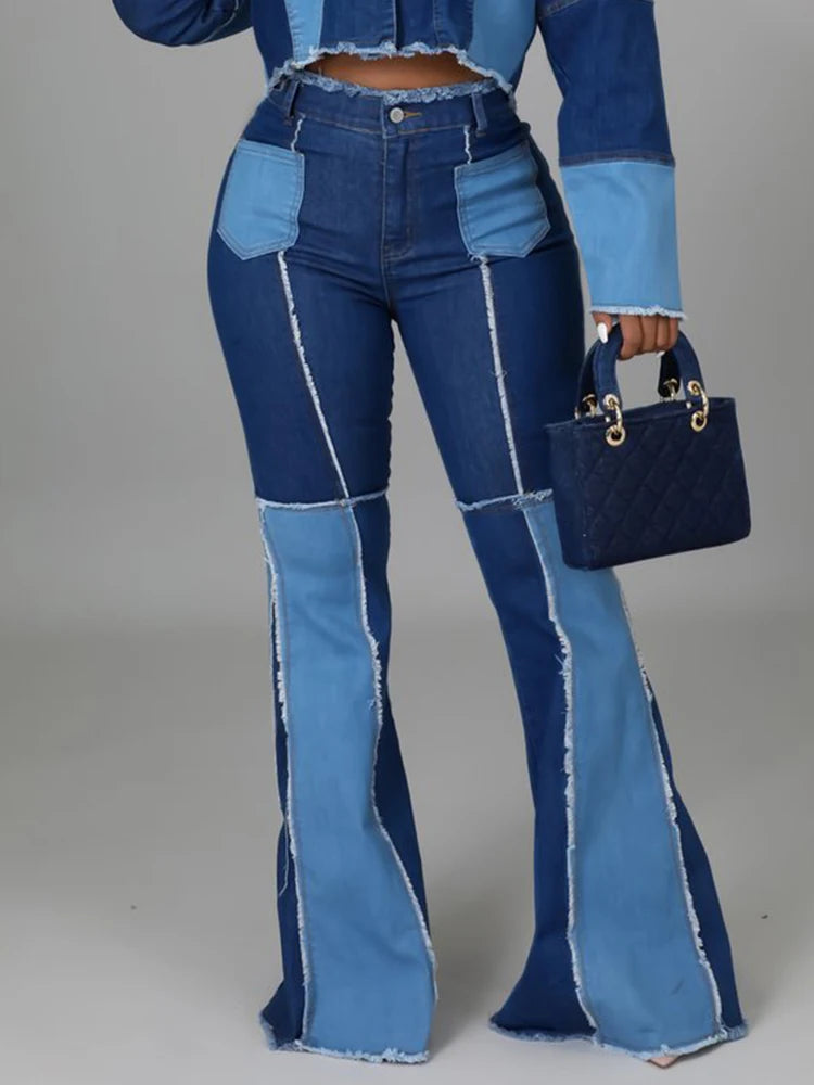 Women's Matching Set Denim Patchwork Vintage Short Jacket and Flare Pant Two Piece Set Outfit Autumn Casual Y2K Fashion Sets. S-5x