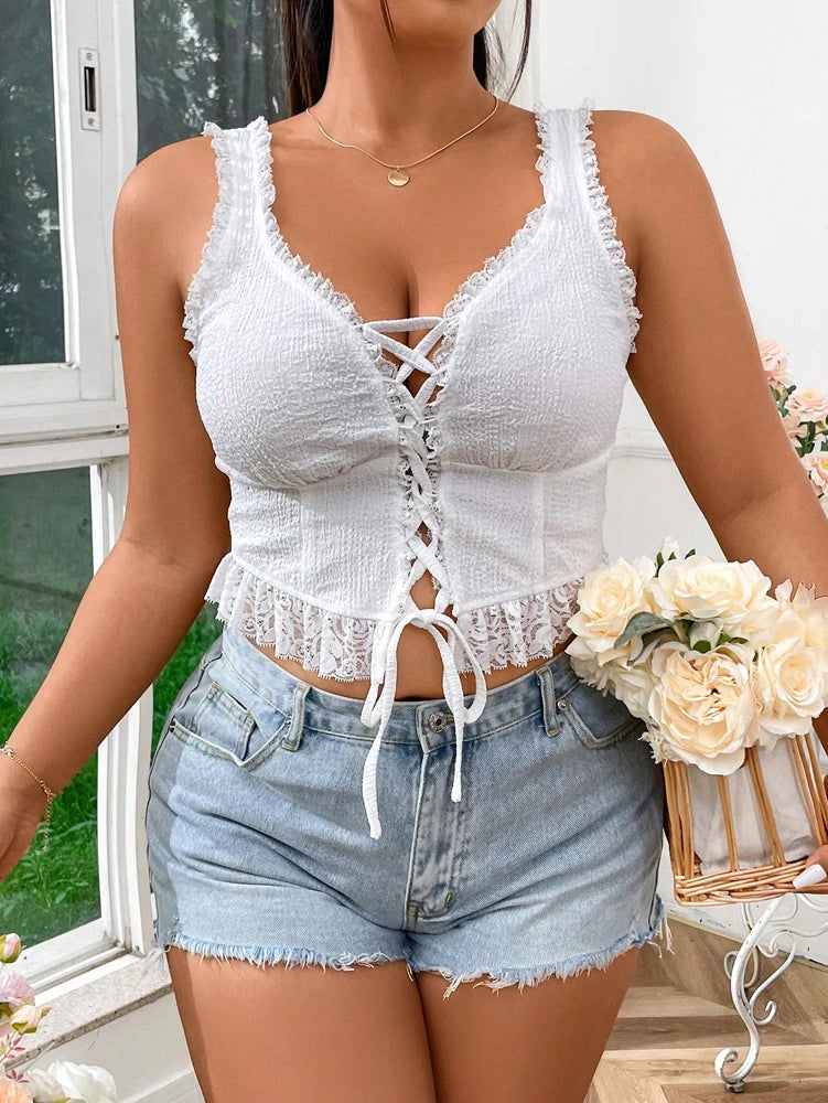 Plus Size Women's Lace Strap Vest Camisole Top Sexy Deep V Neck Slim Tight Tank