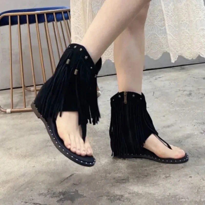 Studded Women's Low Heel Tassel Summer Roman Luxury Sandal