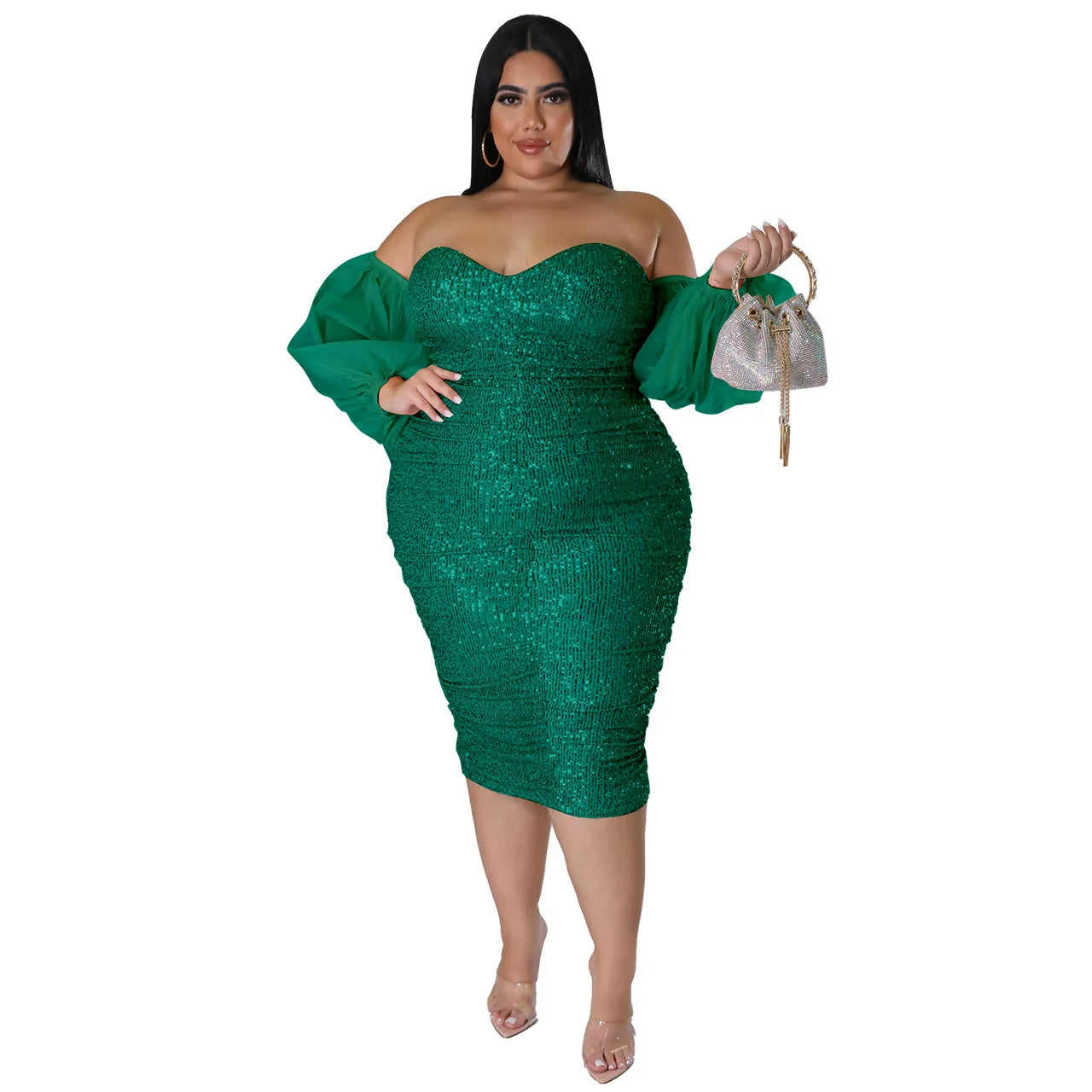 Plus Size Women Sexy Sequin Dress Strapless Solid Party Evening Dress Bodycon Skinny Dress