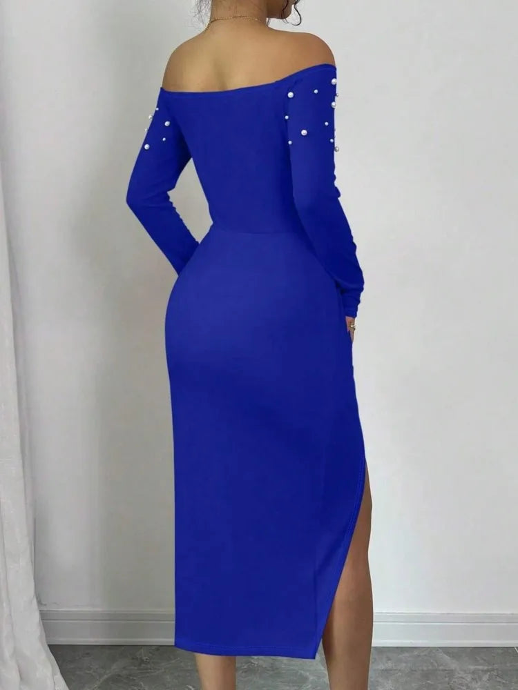 Women Sexy Party Slit Midi Dress Off Shoulder Ruched High Waist Skinny Irregular Dress. S-2X