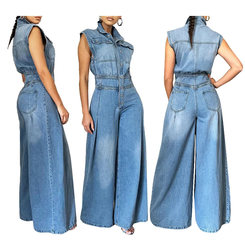 Women One Piece Denim Jeans Sleeveless High Waist Turn Down Collar Wide Leg Long Pants Romper Suit. S-XXL
