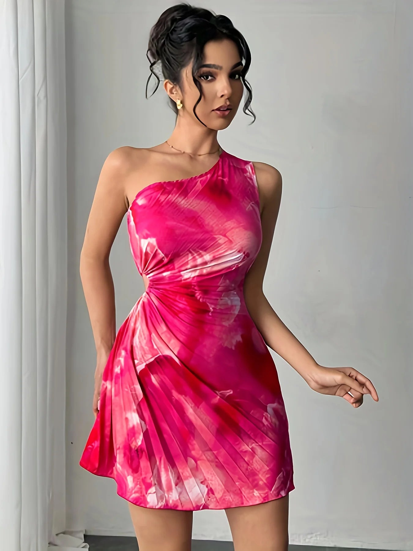 Summer Elegant Cut-out Waist Dress Slanted Shoulder Collar Pressed Pleated Women's dress. S-xxL