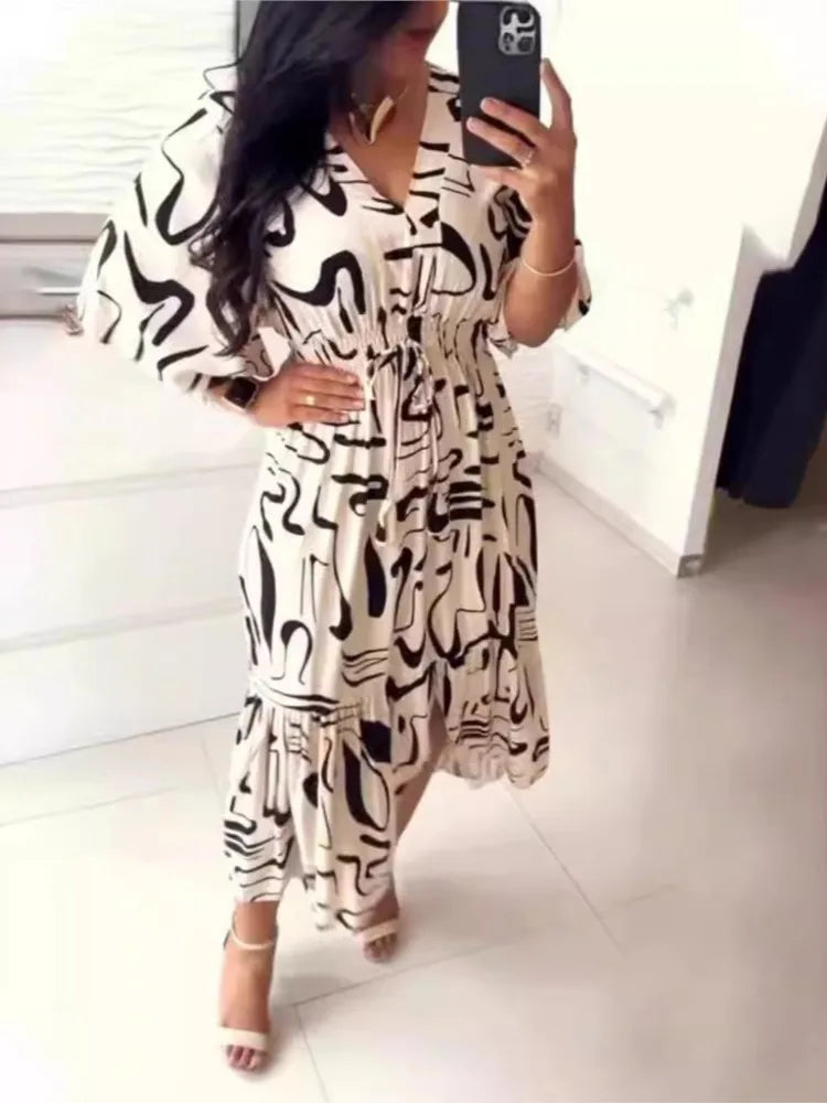 Long Dress Printed Elegant Women Elastic Waist Casual Half Sleeve A-line Dress. S-3X