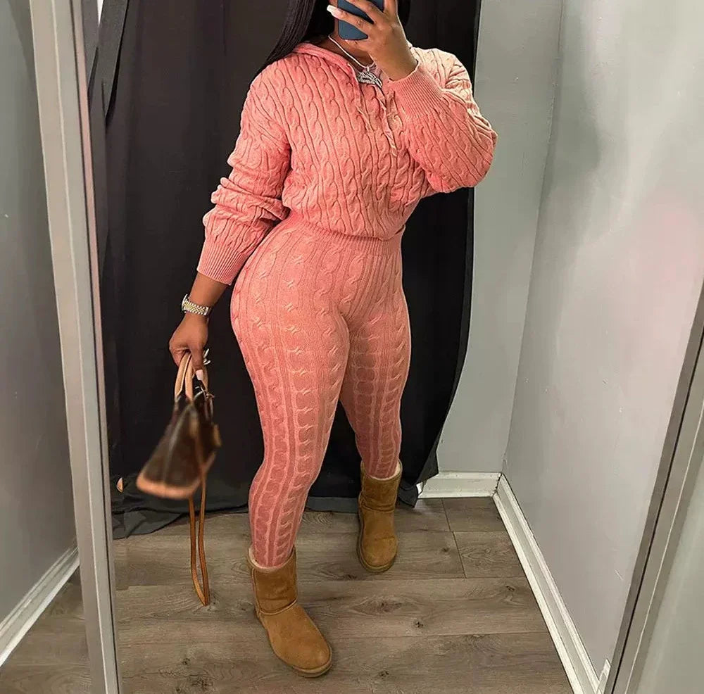 2 Piece Fashion Long Sleeve Cable Knit Hooded Sweater & Pants Suit.
