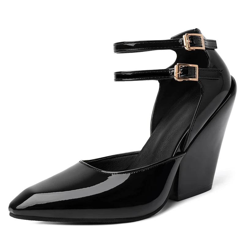 Red Pointed Sandals With Wedge Heel Leather High Heeled Elegant Shoe.