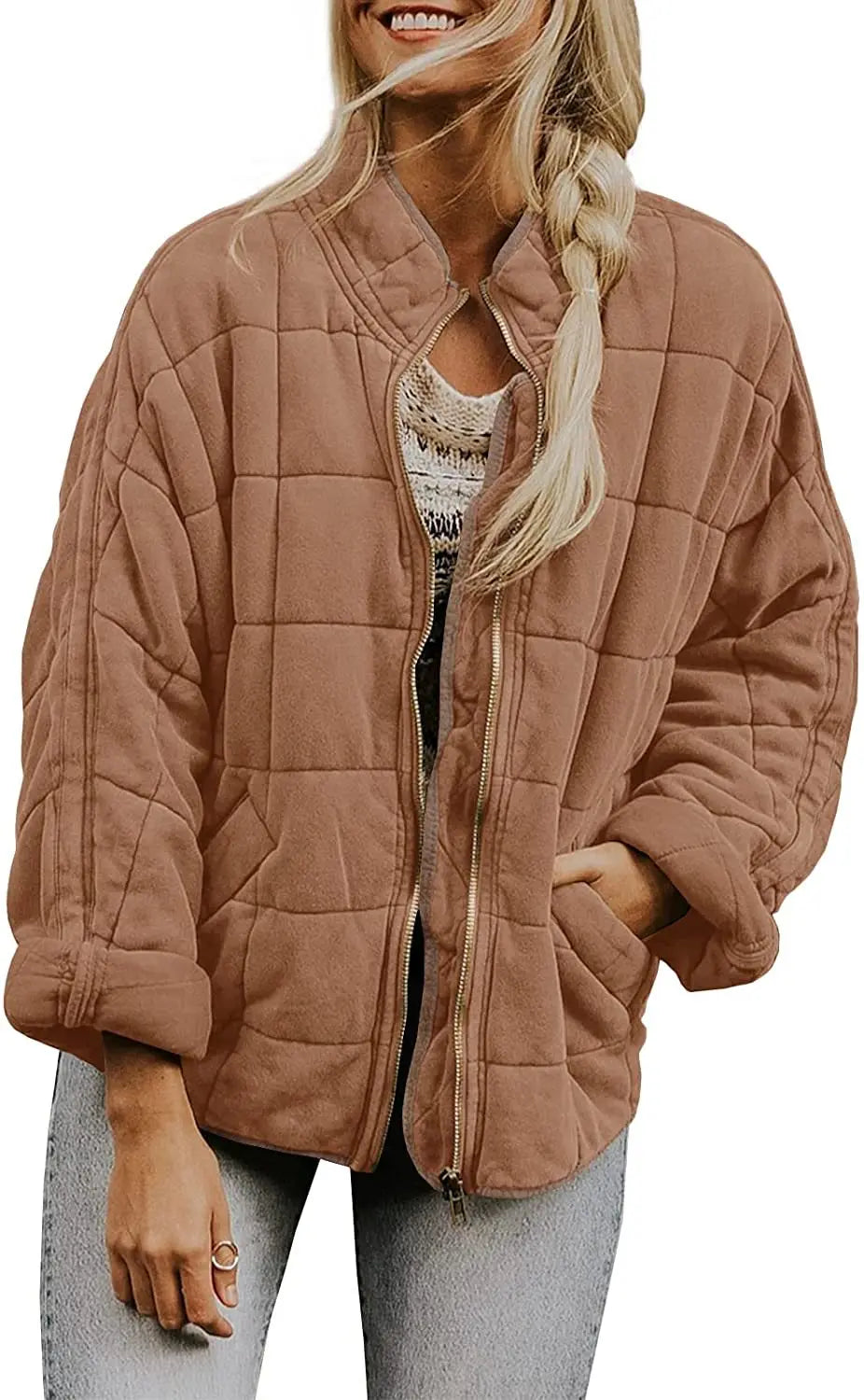 Solid Colour Stand-up Neck Cotton Jacket New Loose Pocket Long-sleeved. S-2X