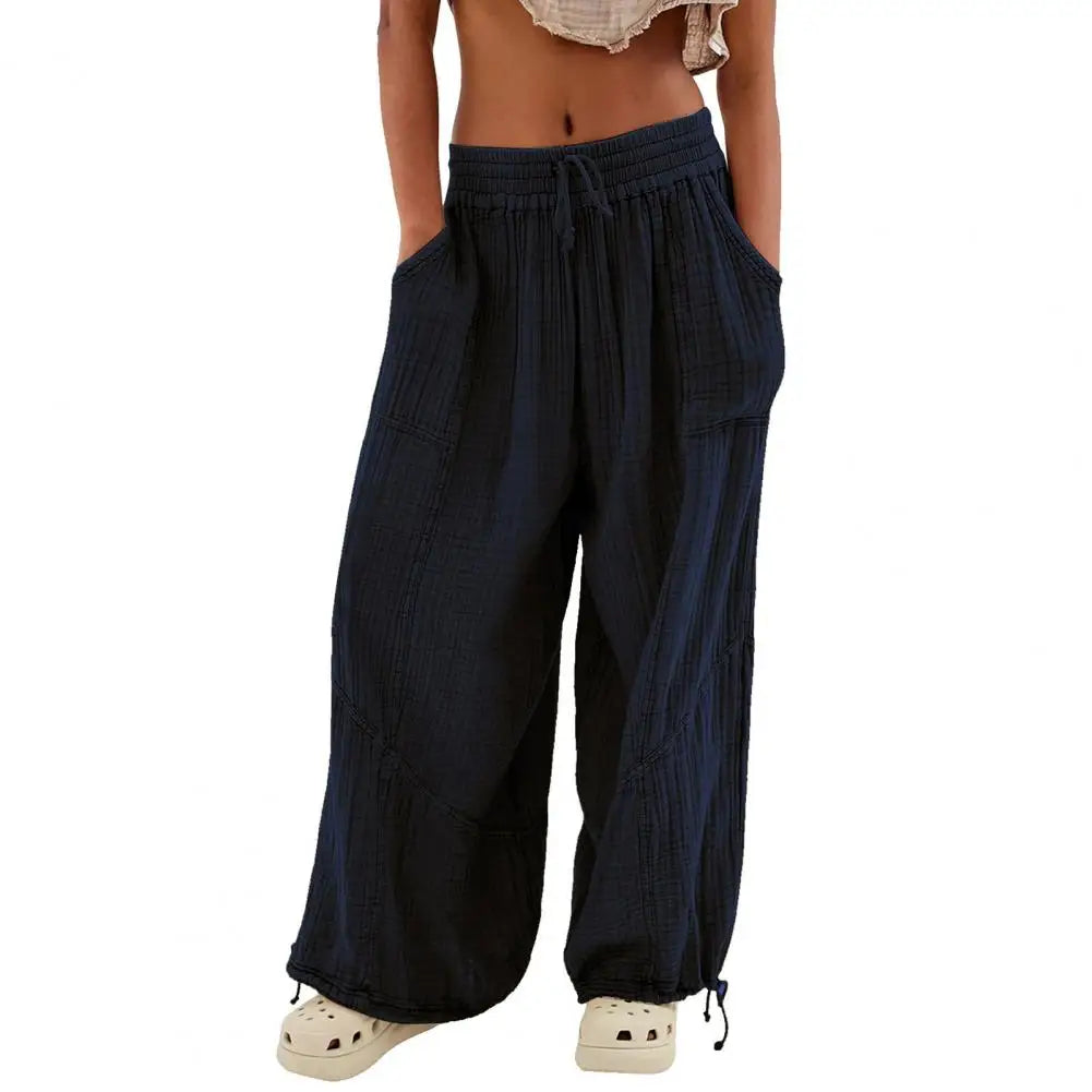 Ladies Harem Pants Summer Casual Vintage Cotton Linen Elastic Waist Wide Leg Fashion Loose Fit Pockets Female Trousers S-3XL