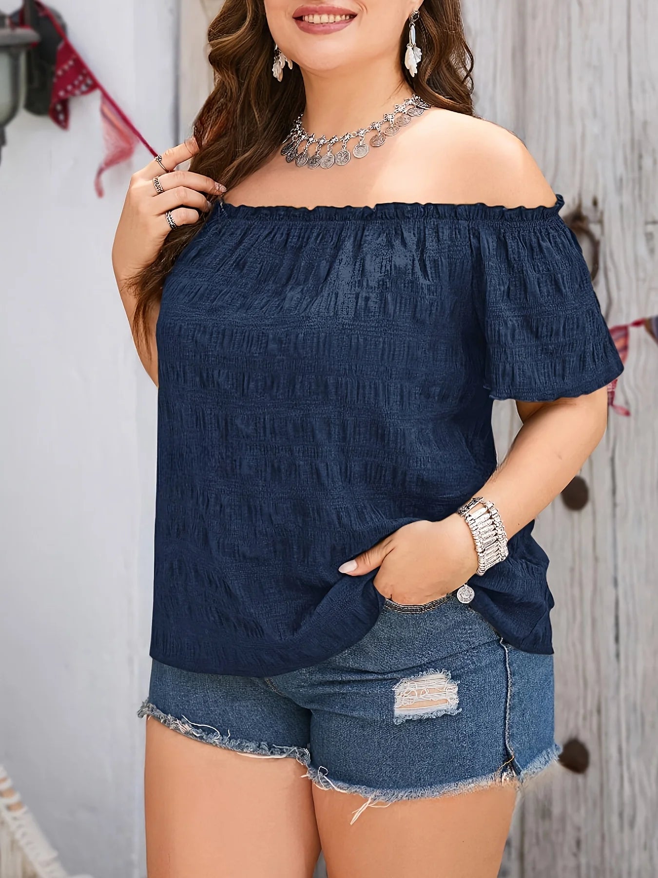 Plus Size Summer Women Elegant Off The Shoulder Fashion Solid Loose Top