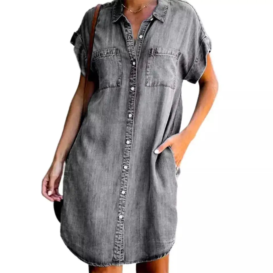 Summer New Single Breasted Denim Shirt Dress Casual Loose Pocket Simple Retro Denim Dress. S-5X