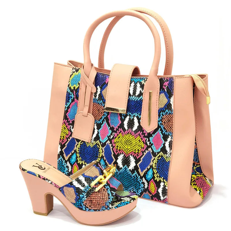 Italian latest design snake pattern platform with matching handbags
