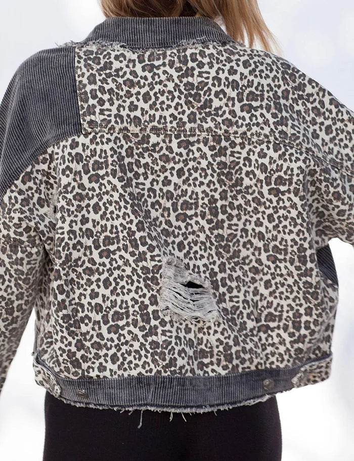 New Outerwear Denim Clothing For Women Casual Jacquard Denim Jacket Spring Leopard Print Loose Fit Jean Jacket. S-3X