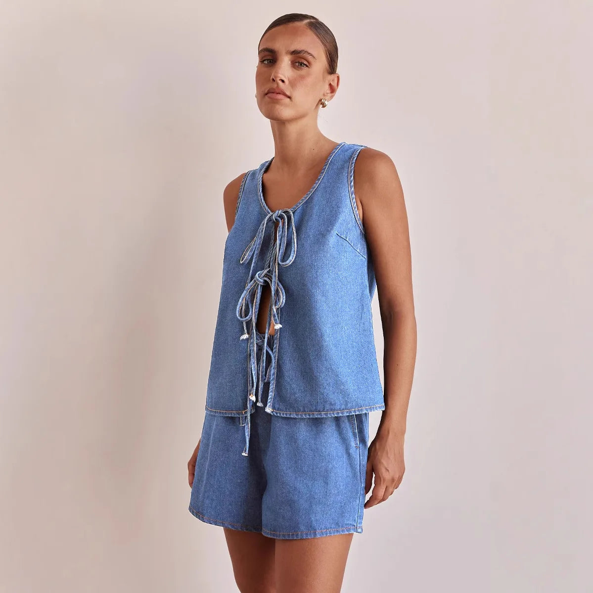 Denim 2 Piece Casual 2025 Sleeveless Tank Top Lace Up High Waist Shorts Suit. S-XXL