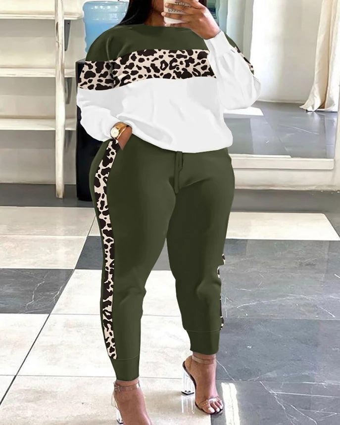 Plus Size 2 Piece Women Outfit 2025 Leopard print Long Sleeve Pullover Pocket High Waist Pants Tracksuit.