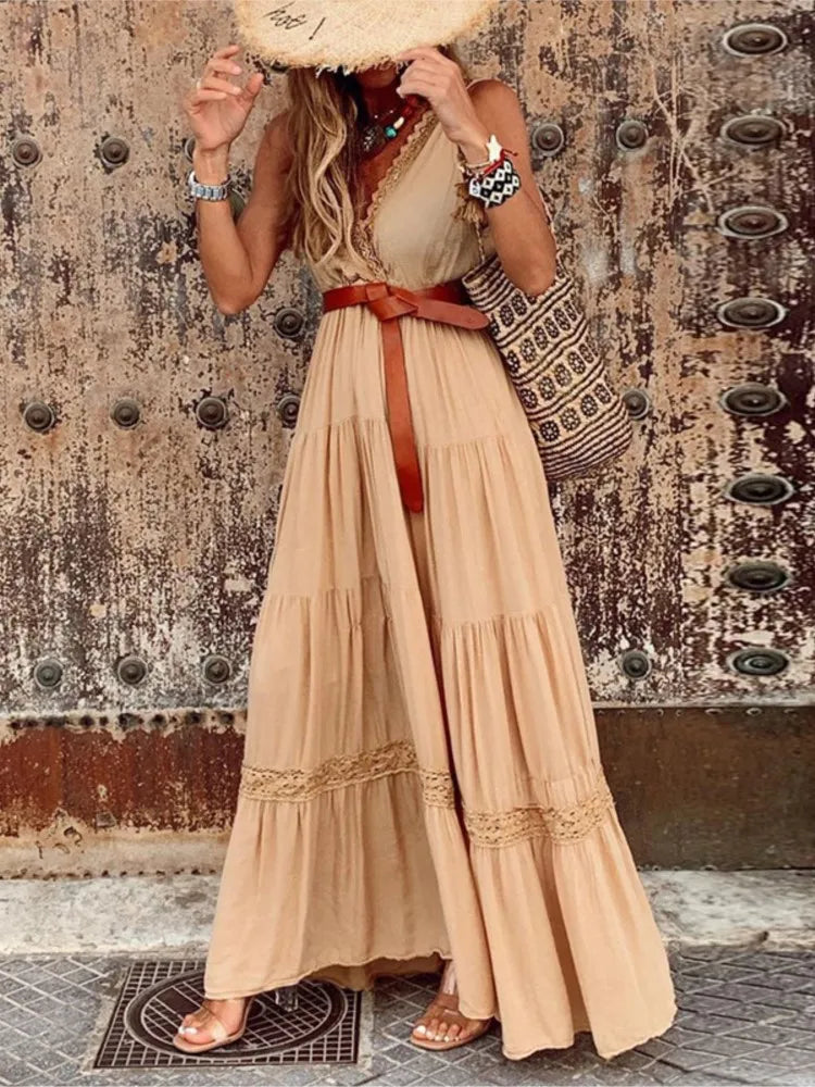 2025 Summer Bohemian Dress Sexy Lace Casual Deep V-Neck Elegant Long Dress Solid Colour Sleeveless Dress. S-3X