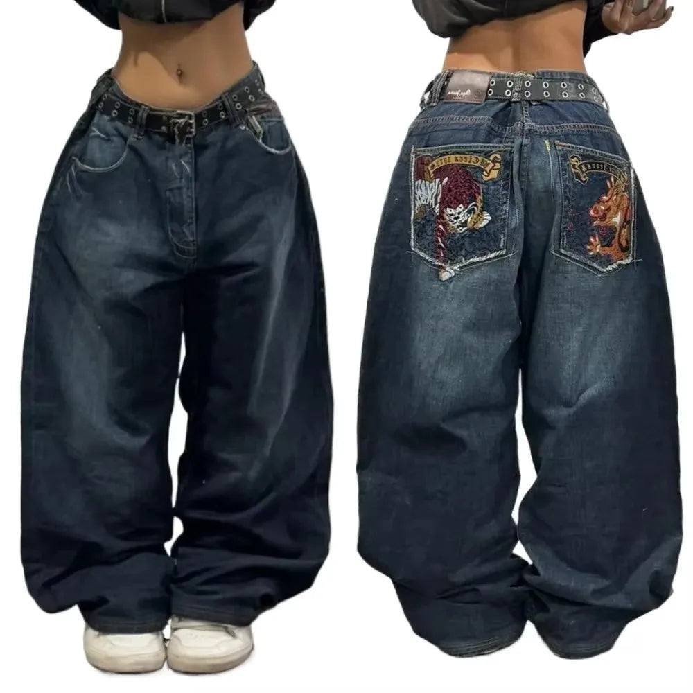 Women's Y2K Hip-Hop Wide Leg Jeans - Fashion Stitching Loose Denim Pants. S-2X