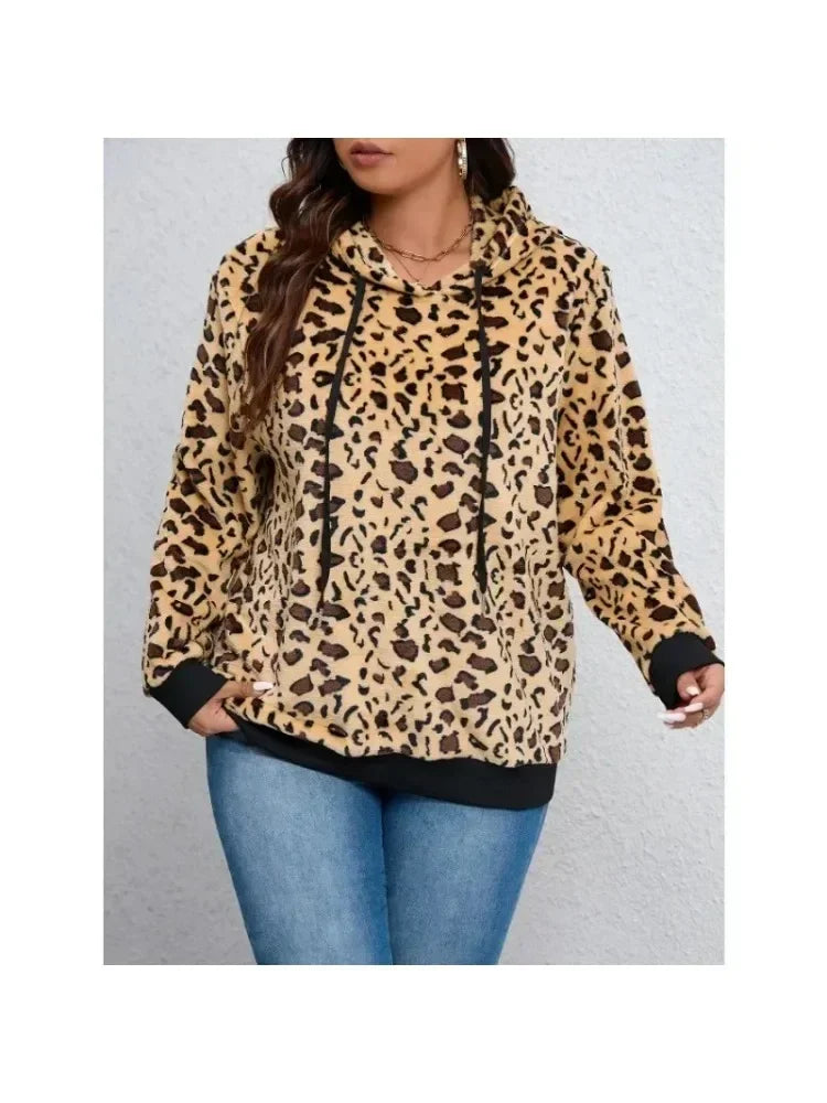 Plus Size Leopard Print Hooded Top - Women's Long Sleeve Hoodie (1X-5X)
