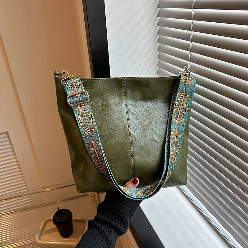 Versatile Geometric Strap Shoulder Bag Large Capacity Cross-body Retro Pu Leather Women's Bag
