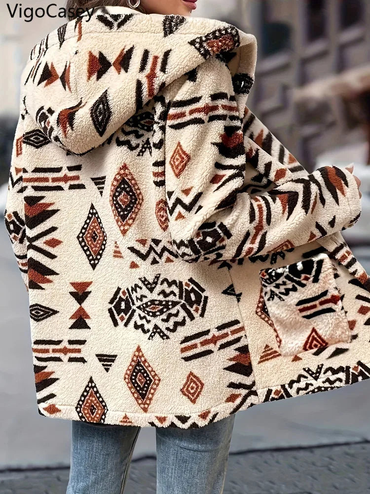 Women's Printed Hooded Jacket - Plush Warm Button-Up Coat (S-2X)
