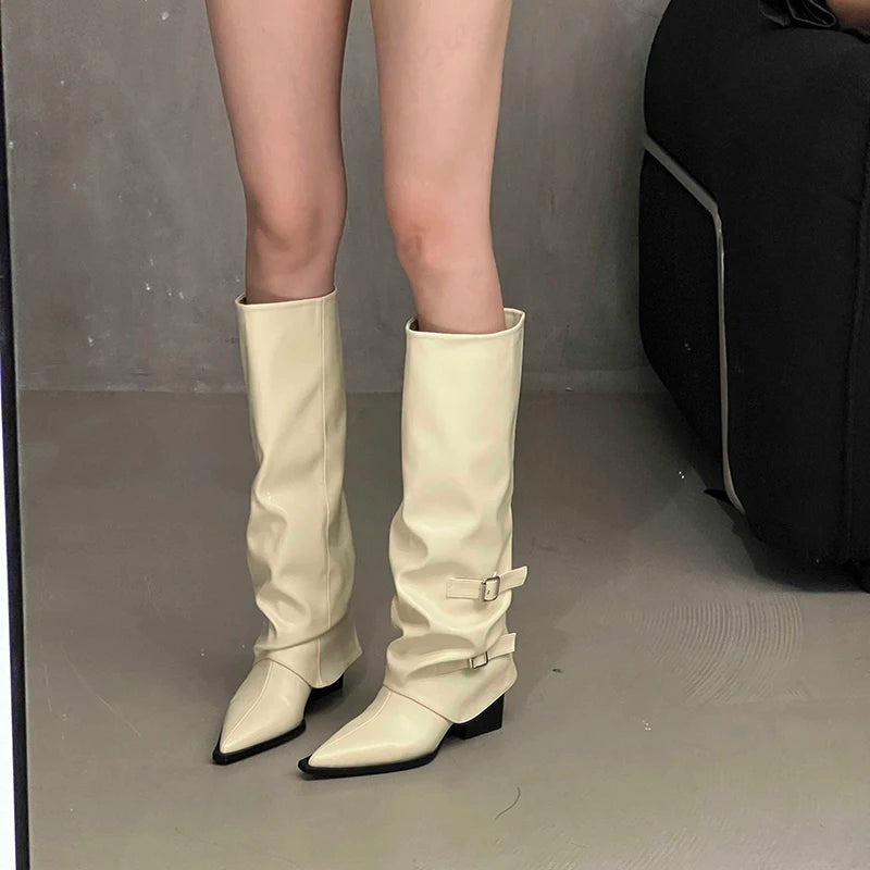 Retro Style Boots Fashion Belt Buckle Autumn Winter Wedge Heel European style