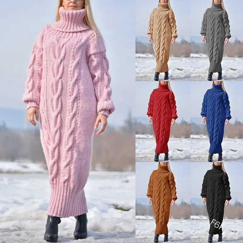 2025 Autumn Winter Solid Colour Turtleneck Pullover Twisted Loose Knitted Sweater Long Sweater Dress for Women. S-5X