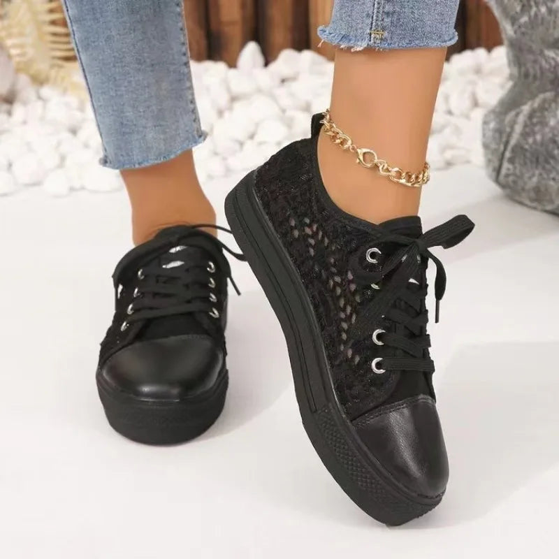 Quality Women Fashion Summer Casual White Sneaker/Shoe Cutout Lace Canvas Hollow Breathable Platform Flat Shoes Woman Sneakers