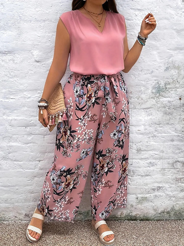 Plus Size Pants Set Woman Casual V-Neck Sleeveless Top Floral Print Tie Front Elastic Waist Trousers.