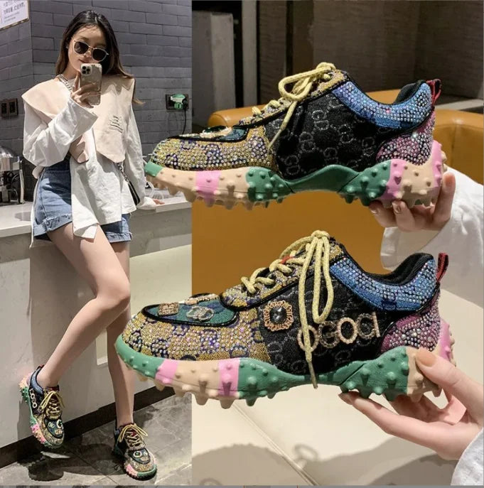 Quality Rhinestone Women Sneaker Diamond Breathable Luxury Designers Casual Thick Bottoms Shoe . Zapatos Mujer