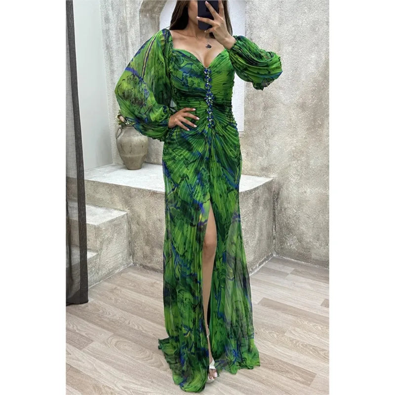 Women Floral Lantern Long Sleeve Dress Elegant Rhinestone Off Shoulder Maxi Sexy Deep V-neck Party Dress. S-XL