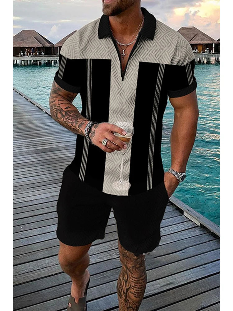 New Summer Trend Retro Print Men's Two Piece Set Casual Zipper Collar Polo Shirt And Shorts . S-5X