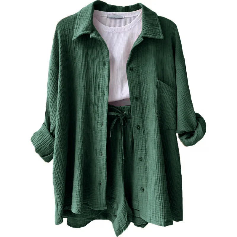 Ladies Shorts And Single Breasted Cardigan Blouse Two Piece Shorts And Loose Button Up. S-2x