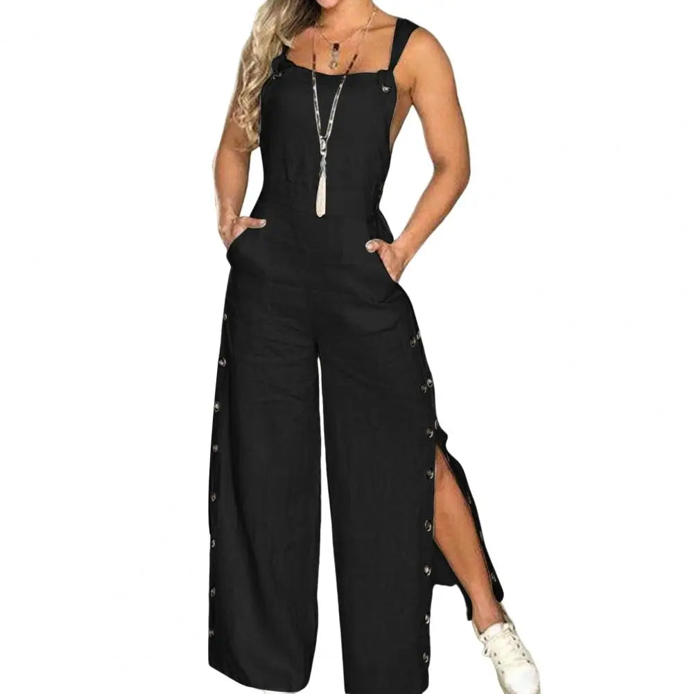 Women's Sleeveless Wide Leg Jumpsuit with Side Pockets And Button Closure Solid Colour Loose Fit Romper . S-2x