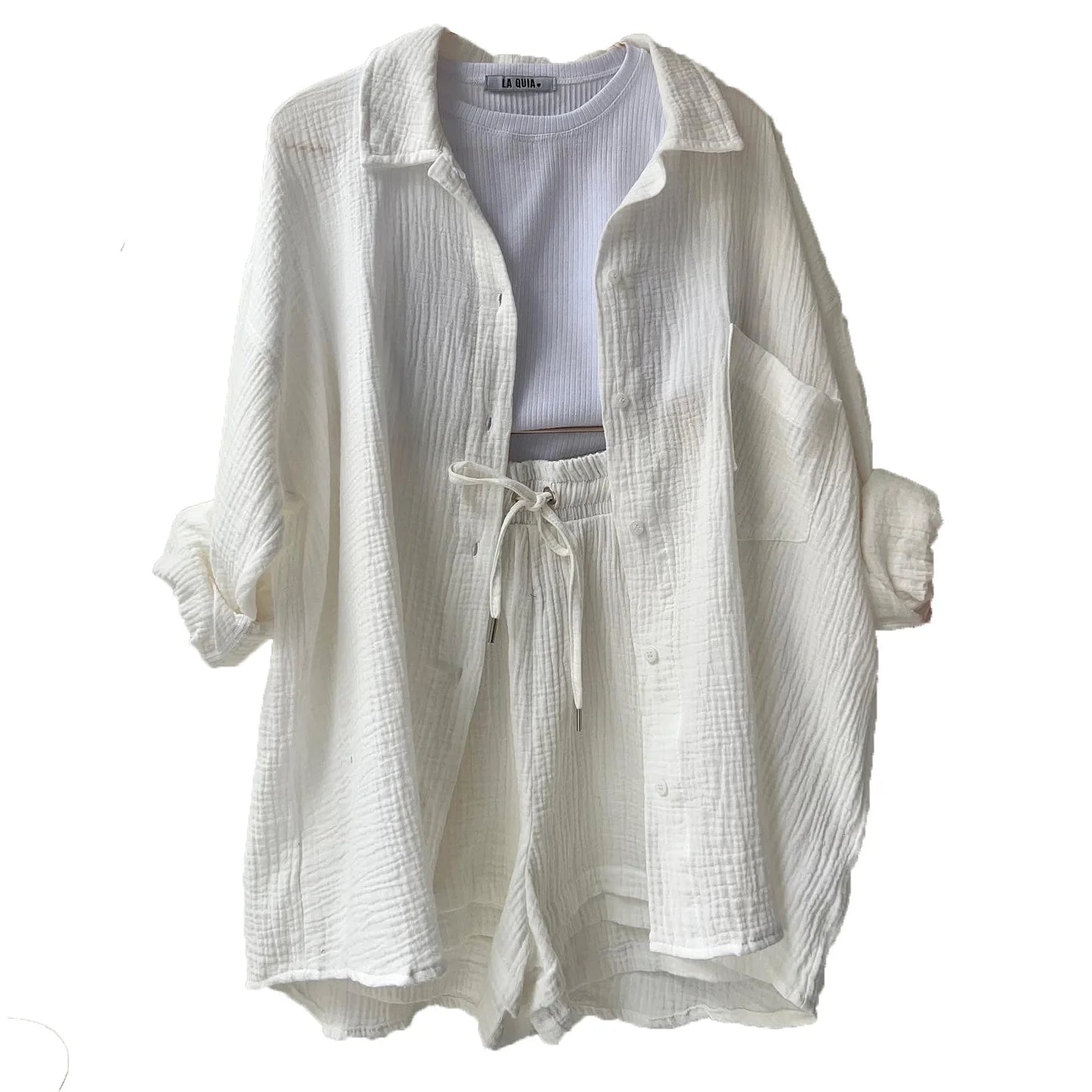 Ladies Shorts And Single Breasted Cardigan Blouse Two Piece Shorts And Loose Button Up. S-2x