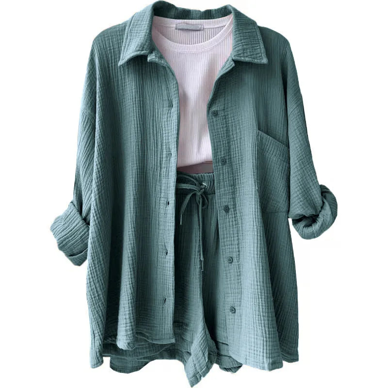 Ladies Shorts And Single Breasted Cardigan Blouse Two Piece Shorts And Loose Button Up. S-2x