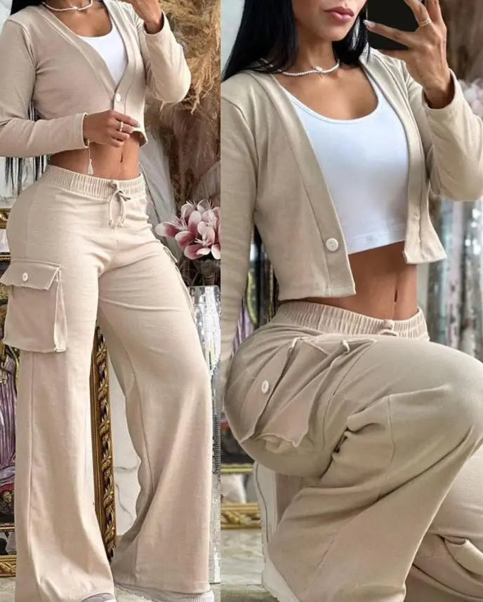 Fashionable Ladies Solid Colour Two-Piece Casual Wear. S-2x