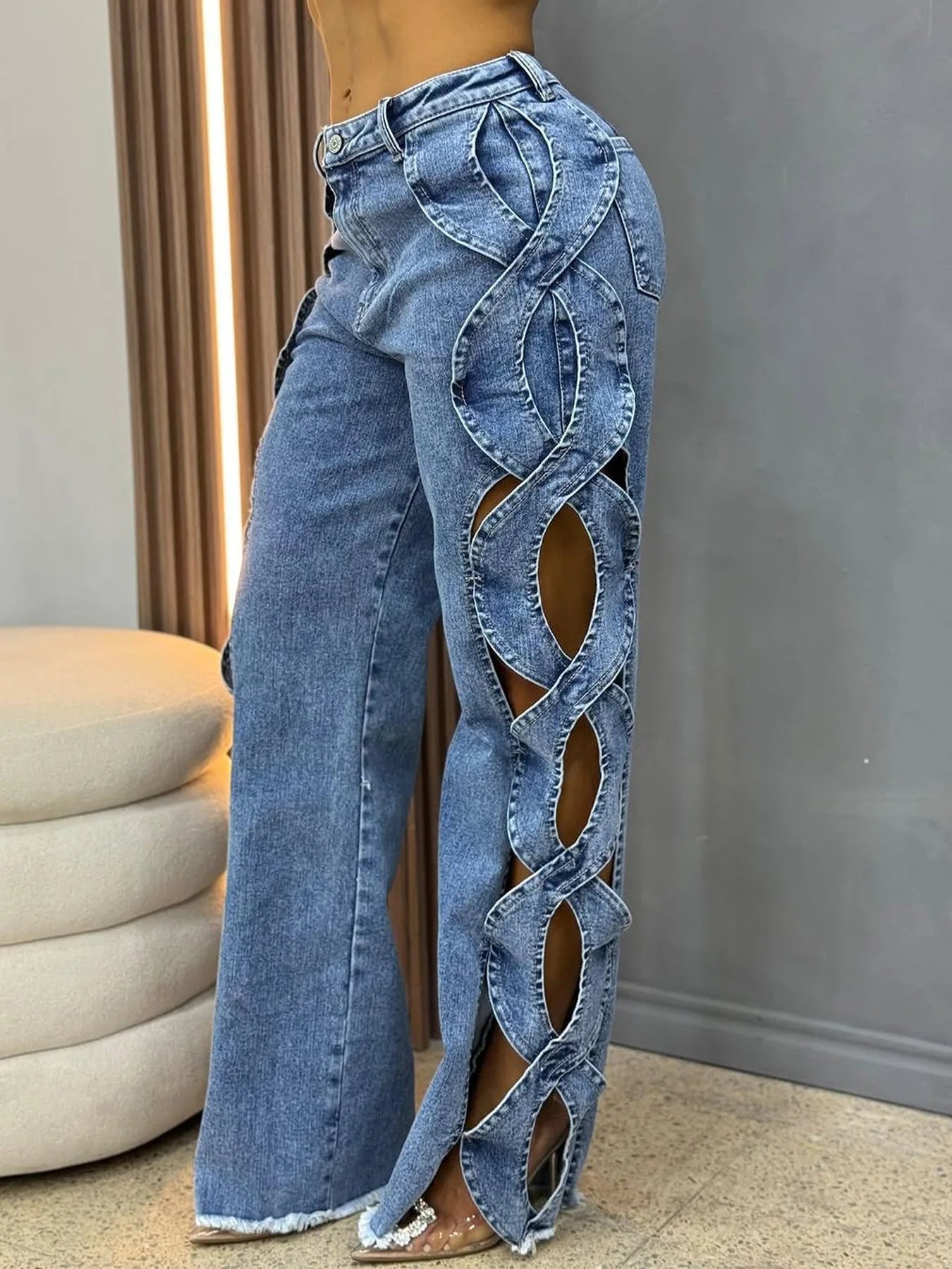 2025 Spring and Summer Personality Side Hollow-out Design Jeans.New Fashion S-line Denim Patchwork Straight Leg Trousers. S-2X