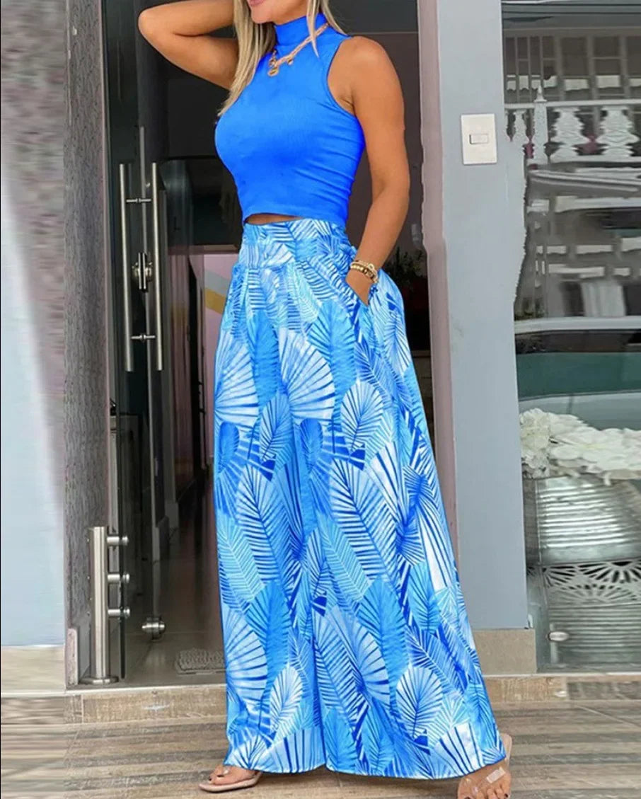 Ladies Elegant Two Piece Pant Set Sleeveless Turtleneck Top Pockets High Waist Wide Leg Pants. S-3x