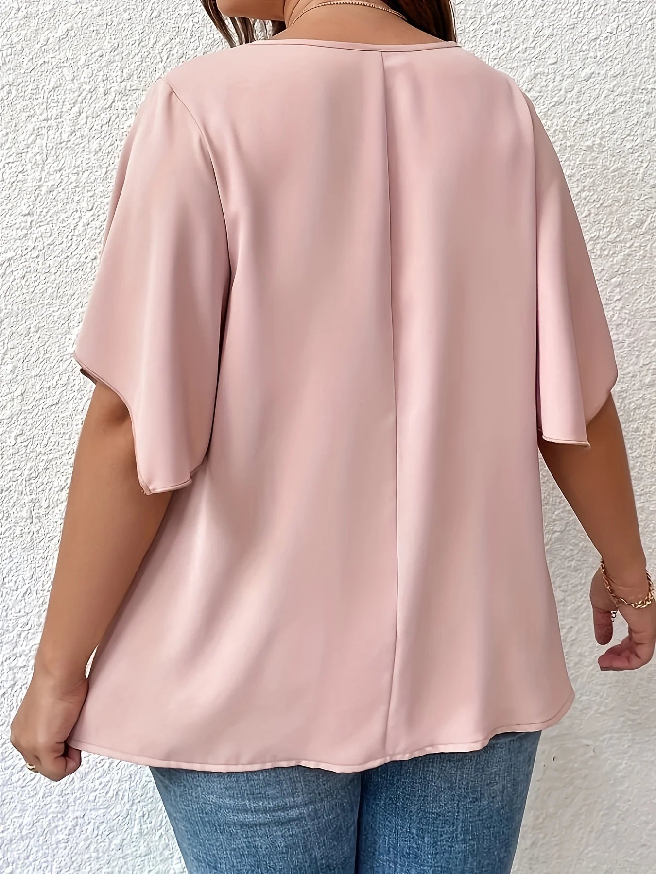 Plus Women's Shirt Solid Colour V Neck Bell Sleeve Blouse Slight Stretch Casual Top