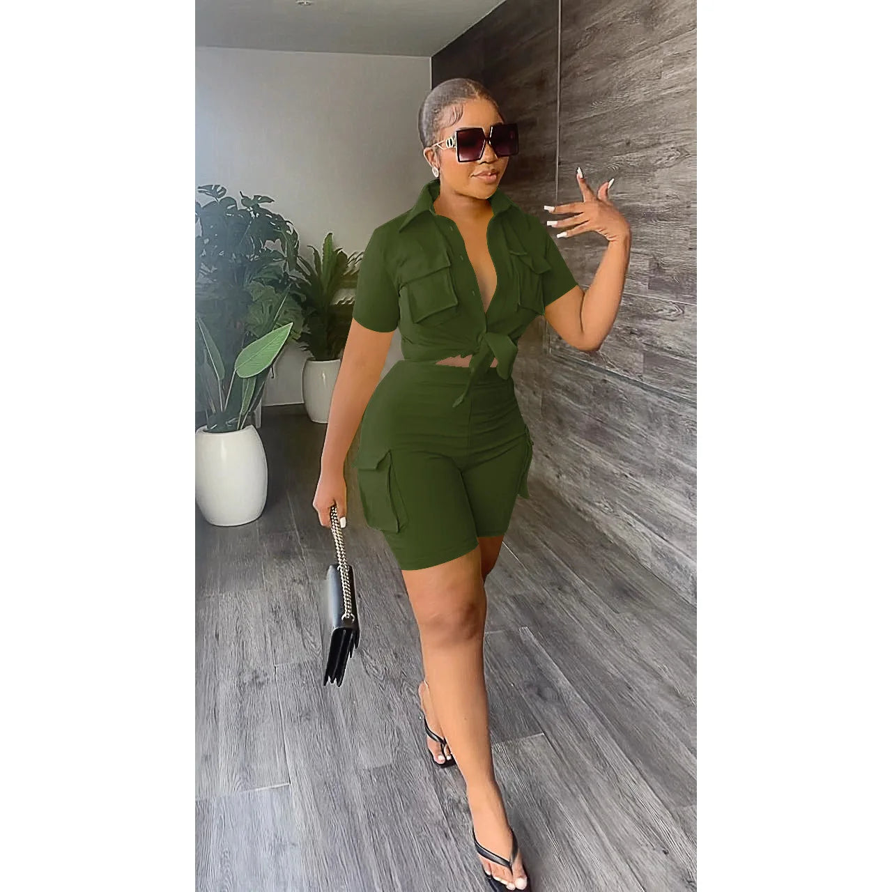 Ladies Two Piece Set For Summer, Pockets Short Sleeve Button-Up Shirt And Short Set. S-2x