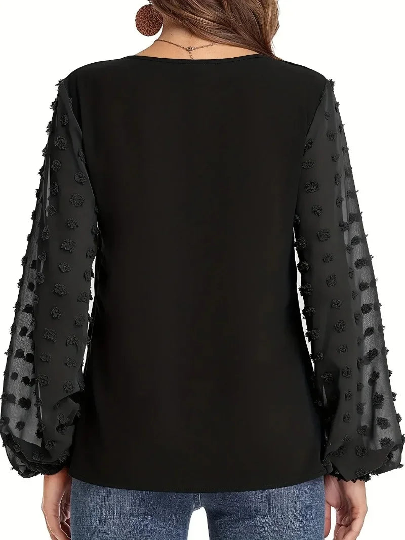 Plus Size 1XL-5XL Women's Polka Dot Sleeved Long Sleeved Casual V-neck Solid Colour Sleeves Semi Transparent Shirt