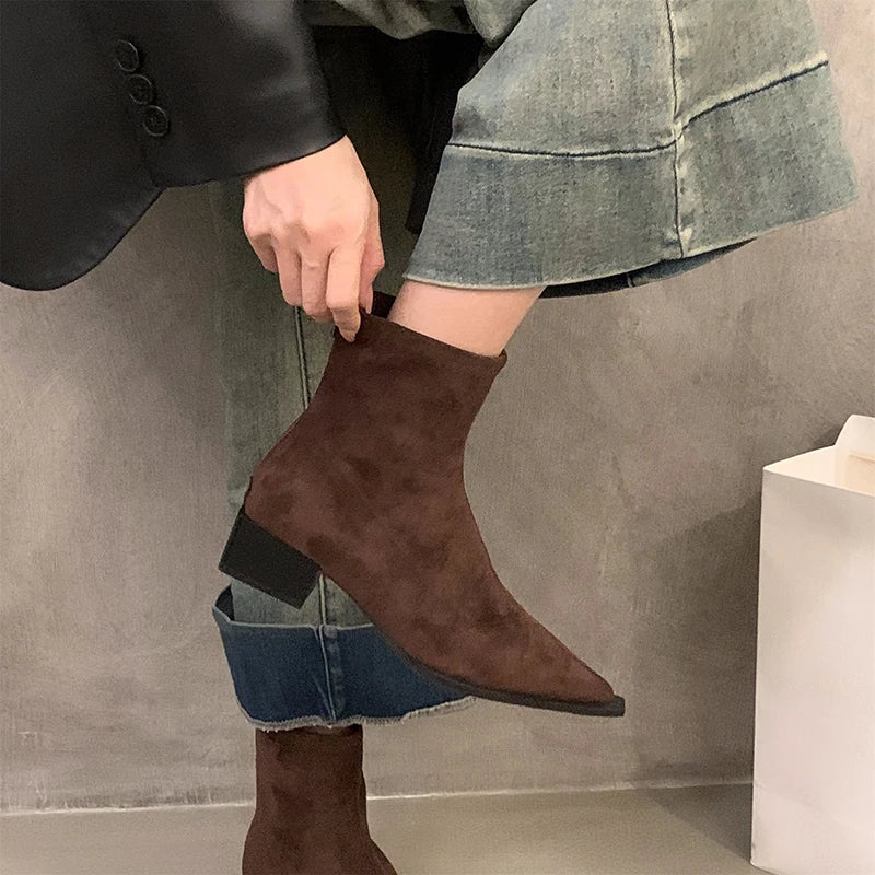 Designer Leopard Women Ankle Boots Fashion Pointed Toe Short Booties Ladies Concise Square Heels Shoes