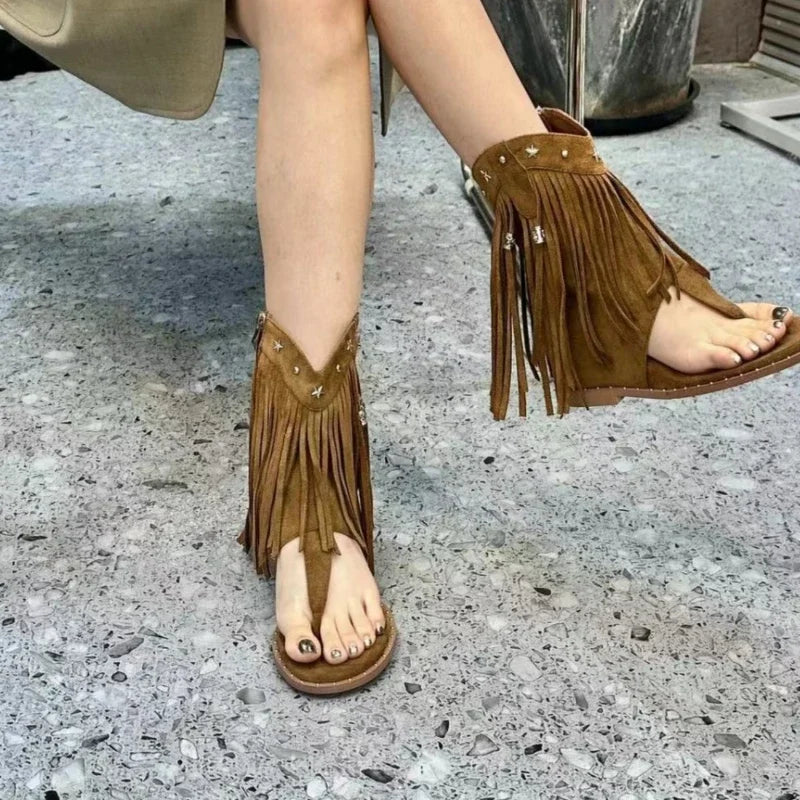 Studded Women's Low Heel Tassel Summer Roman Luxury Sandal