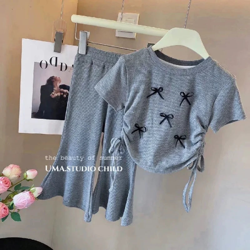 Girls Bow Print Sets Children's Clothing Summer Short Sleeve Tops + Flared Pants 2Pcs Suits Kids Sweet T-Shirt Outfits 2-8 Years