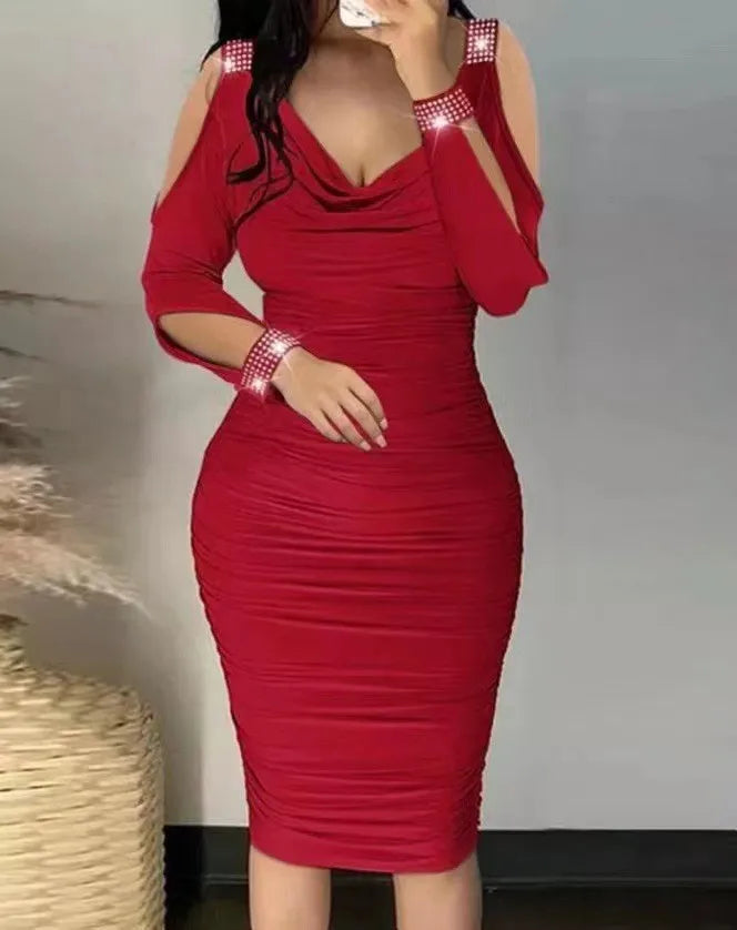 Fashion Elegant Sexy Off Shoulder Long Sleeve Party V Neck Dress. S-3X