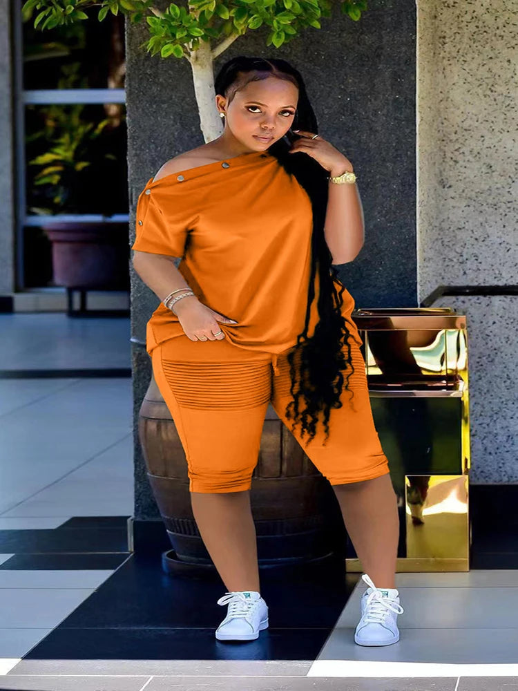 New Sporty Elegant Two 2 Piece Set for Women Button Neck Tee Top and Knee Length Pants Matching Set . S-2X