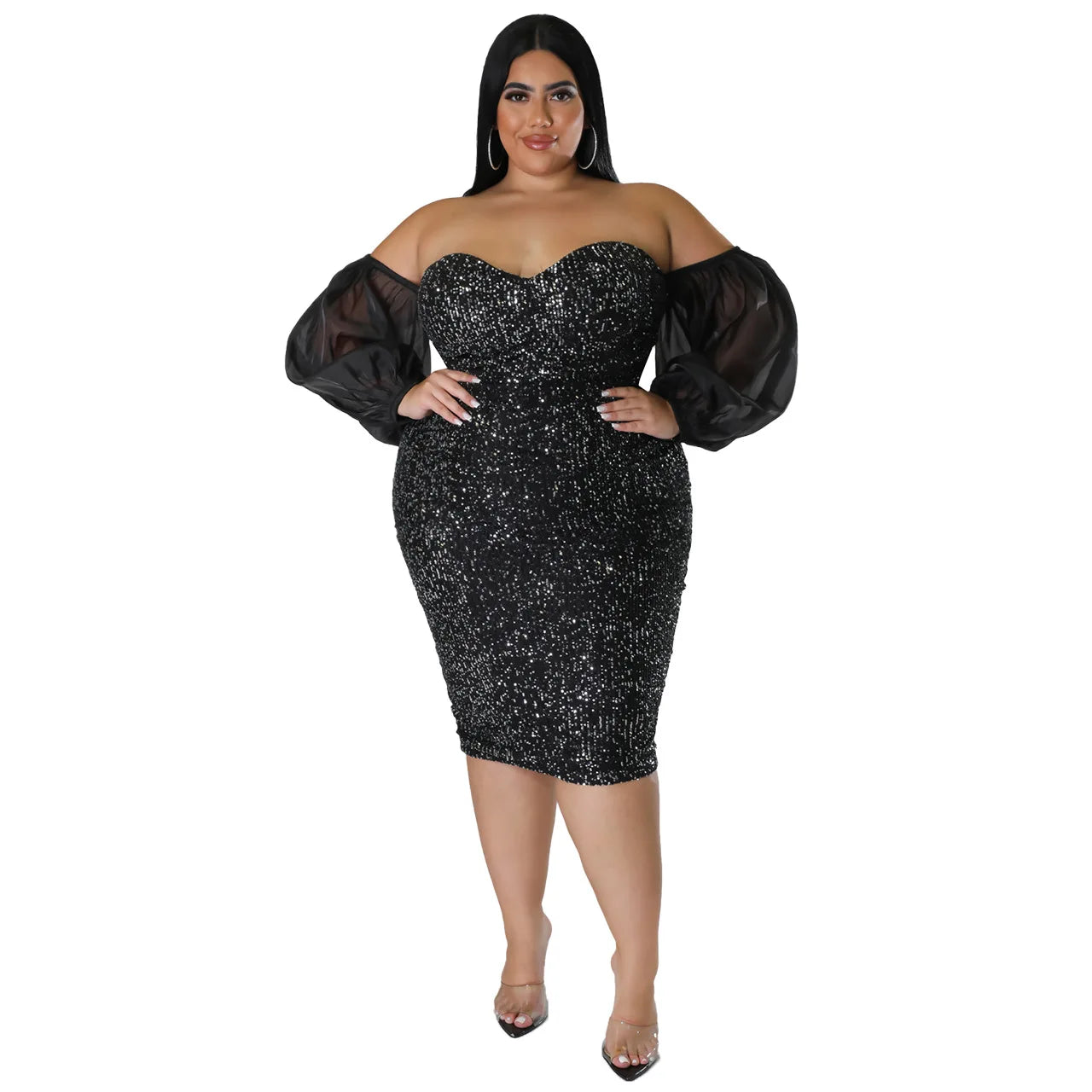 Plus Size Women Sexy Sequin Dress Strapless Solid Party Evening Dress Bodycon Skinny Dress